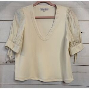 Joy Joy Cream Textured V-Neck Puff Sleeve Tie Cuff Blouse Top Womens Size M